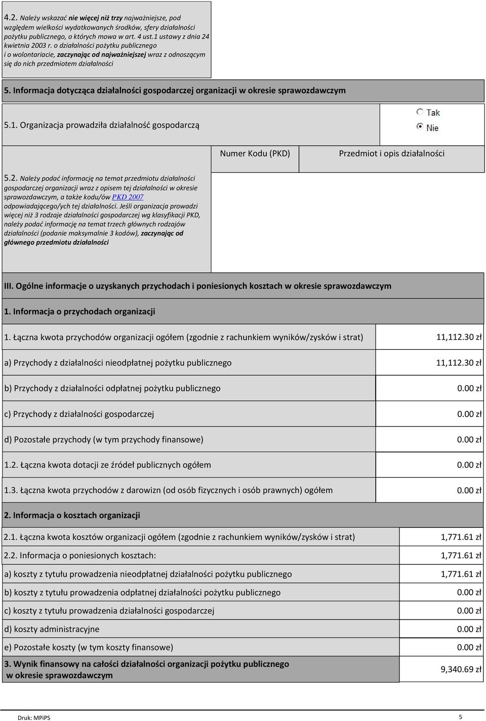 Informacja dotycząca działalności gospodarczej organizacji w okresie sprawozdawczym 5.1. Organizacja prowadziła działalność gospodarczą Numer Kodu (PKD) Przedmiot i opis działalności 5.2.