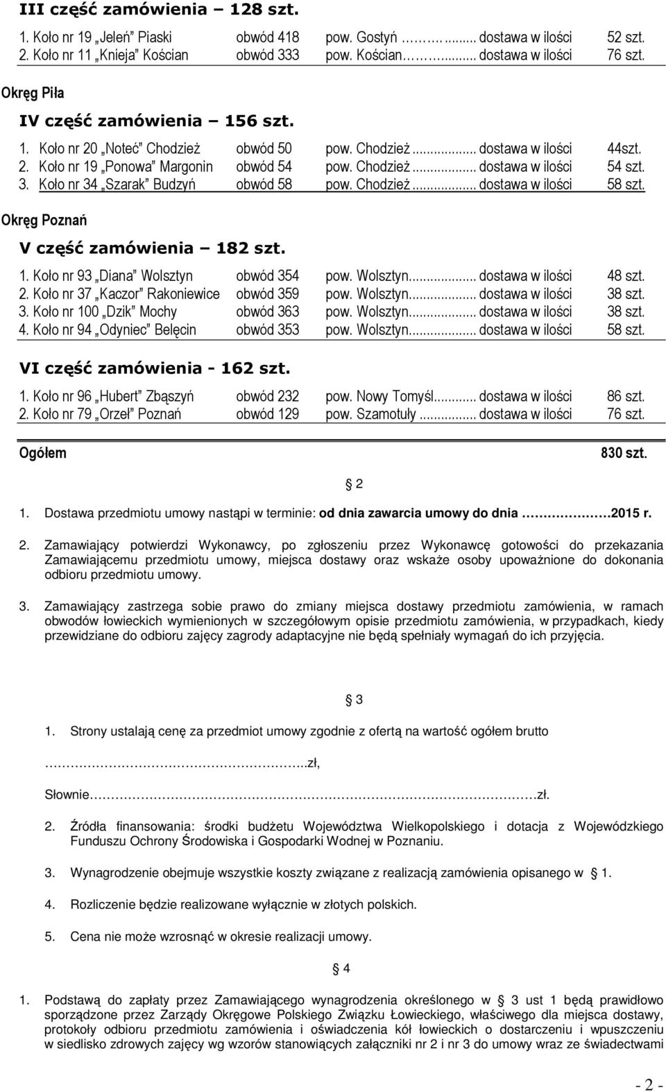 3. Koło nr 34 Szarak Budzyń obwód 58 pow. Chodzież... dostawa w ilości 58 szt. Okręg Poznań V część zamówienia 182 szt. 1. Koło nr 93 Diana Wolsztyn obwód 354 pow. Wolsztyn... dostawa w ilości 48 szt.