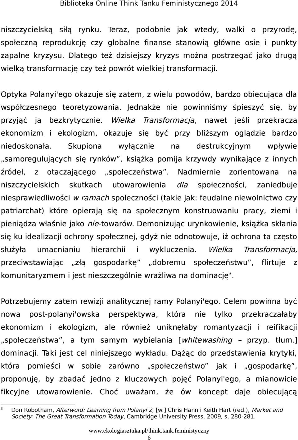 Optyka Polanyi'ego okazuje się zatem, z wielu powodów, bardzo obiecująca dla współczesnego teoretyzowania. Jednakże nie powinniśmy śpieszyć się, by przyjąć ją bezkrytycznie.