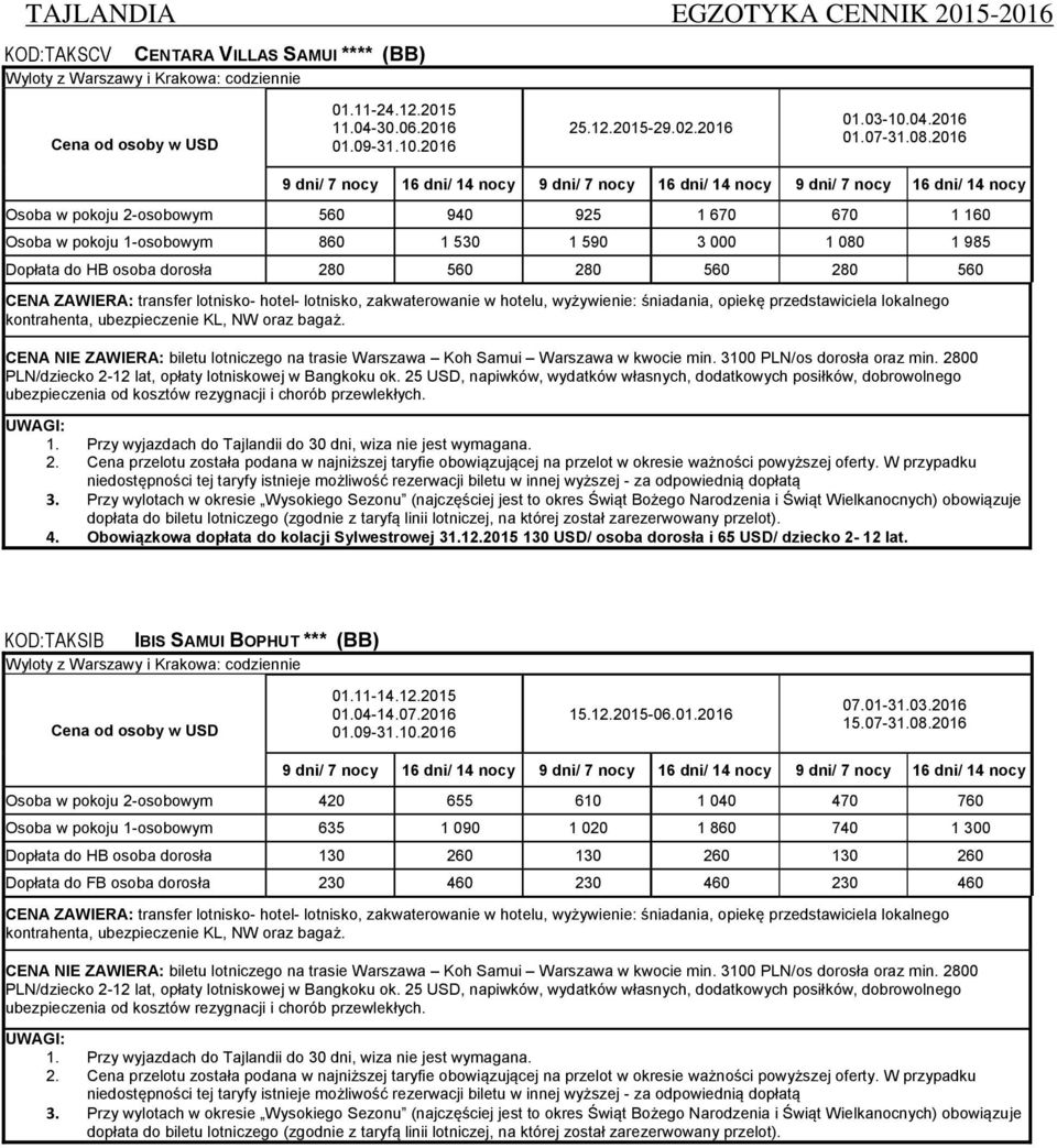 lotniczego na trasie Warszawa Koh Samui Warszawa w kwocie min. 3100 PLN/os dorosła oraz min. 2800 4. Obowiązkowa dopłata do kolacji Sylwestrowej 31.12.