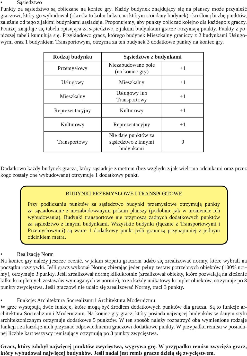 sąsiaduje. Proponujemy, aby punkty obliczać kolejno dla każdego z graczy. Poniżej znajduje się tabela opisująca za sąsiedztwo, z jakimi budynkami gracze otrzymają punkty.