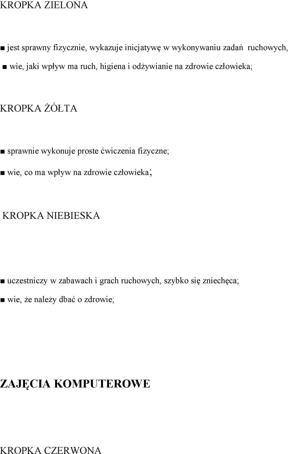 ćwiczenia fizyczne; wie, co ma wpływ na zdrowie człowieka; KROPKA NIEBIESKA uczestniczy w zabawach i