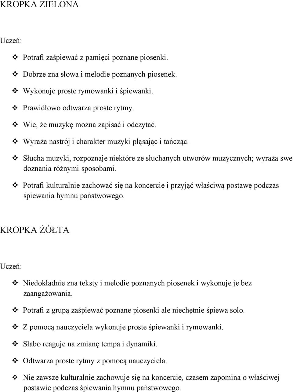 Słucha muzyki, rozpoznaje niektóre ze słuchanych utworów muzycznych; wyraża swe doznania różnymi sposobami.