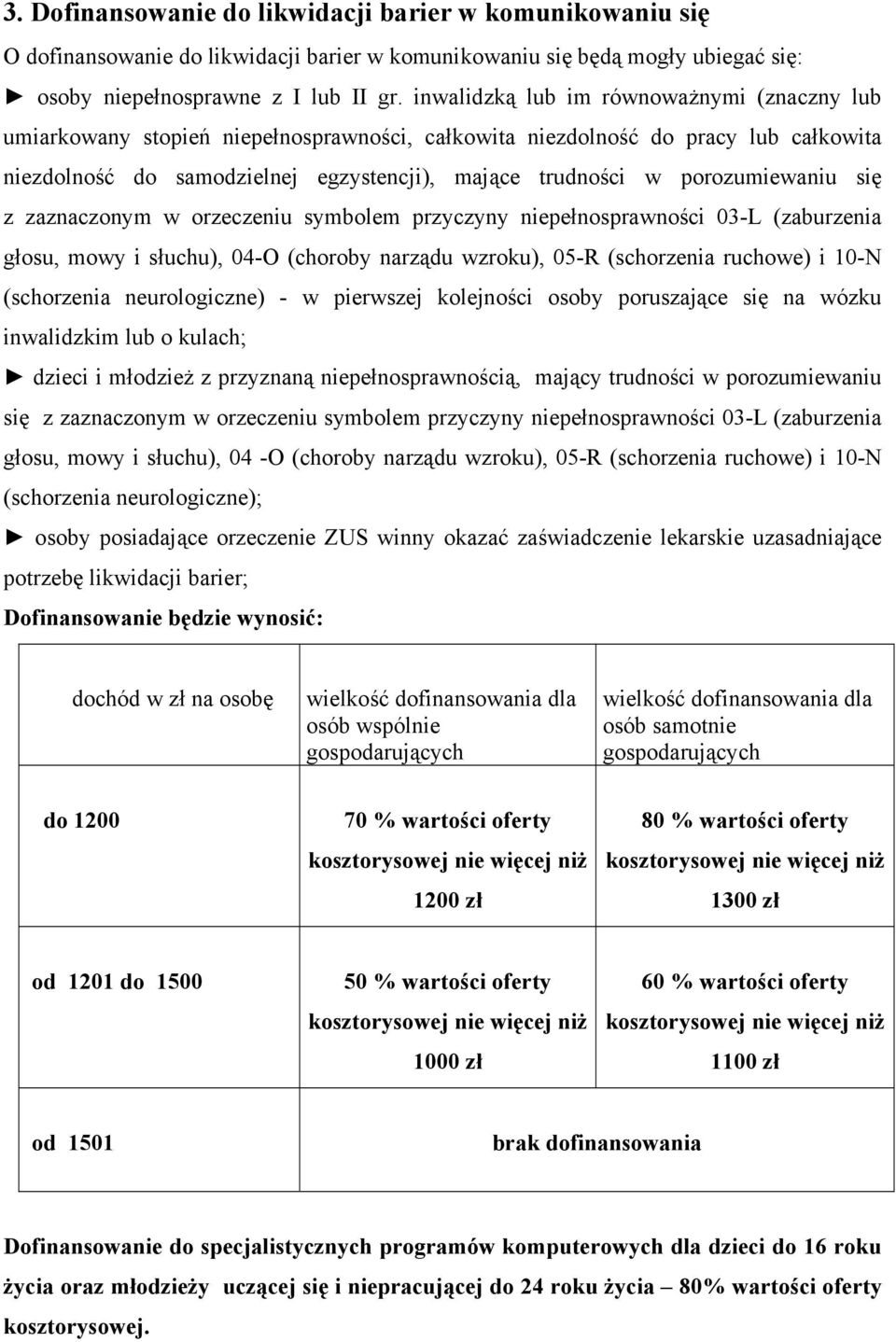 (schorzenia neurologiczne) - w pierwszej kolejności osoby poruszające się na wózku inwalidzkim lub o kulach; dzieci i młodzież z przyznaną niepełnosprawnością, mający trudności w porozumiewaniu się z