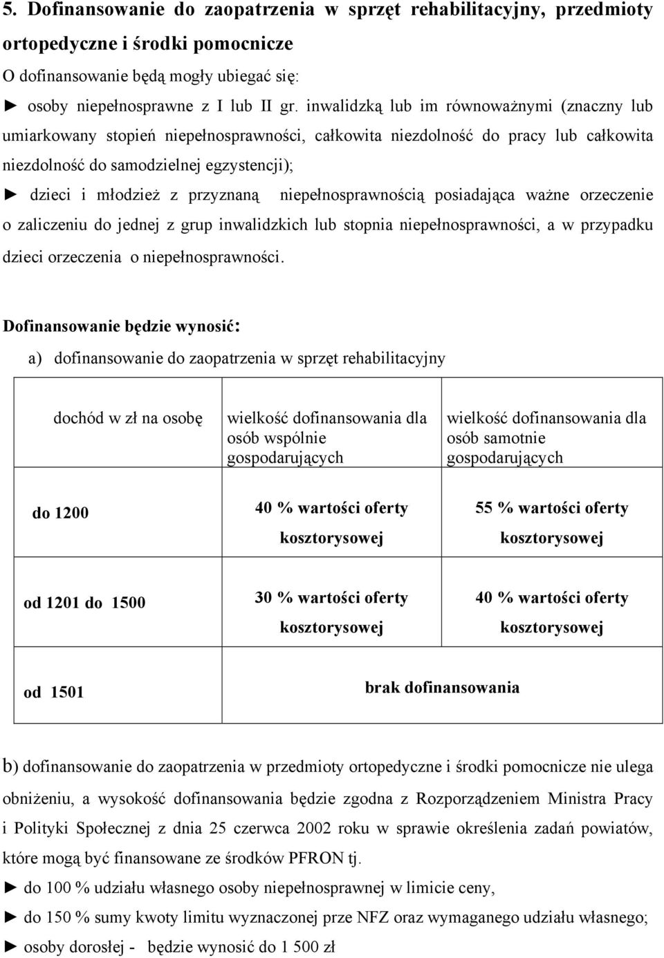 a) dofinansowanie do zaopatrzenia w sprzęt rehabilitacyjny do 1200 40 % wartości oferty 55 % wartości oferty od 1201 do 1500 30 % wartości oferty 40 % wartości oferty od 1501 b) dofinansowanie do