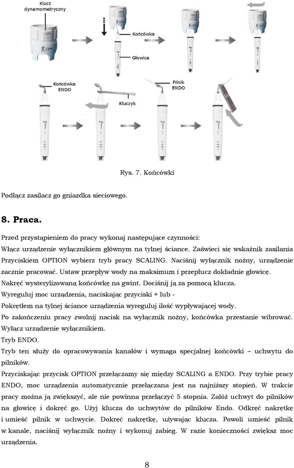 Nakręć wysterylizowaną końcówkę na gwint. Dociśnij ją za pomocą klucza. Wyreguluj moc urządzenia, naciskając przyciski + lub - Pokrętłem na tylnej ściance urządzenia wyreguluj ilość wypływającej wody.