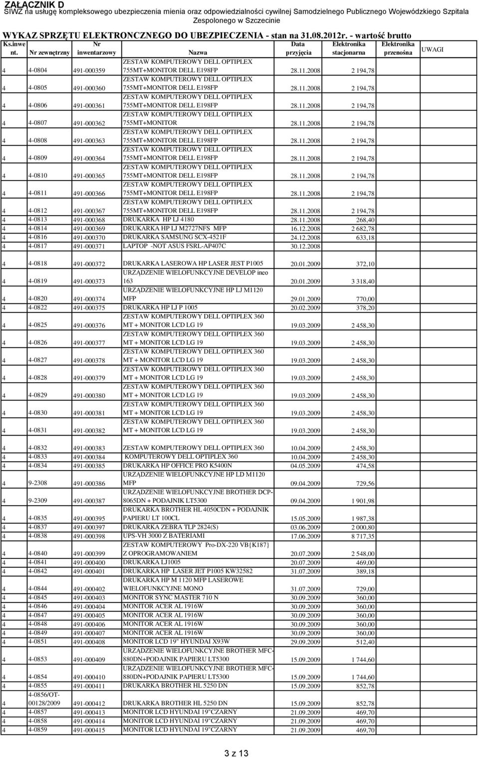 11.2008 268,0-081 91-000369 DRUKARKA HP LJ M2727NFS MFP 16.12.2008 2 682,78-0816 91-000370 DRUKARKA SAMSUNG SCX-521F 2.12.2008 633,18-0817 91-000371 LAPTOP -NOT ASUS FSRL-AP07C 30.12.2008-0818 91-000372 DRUKARKA LASEROWA HP LASER JEST P1005 20.