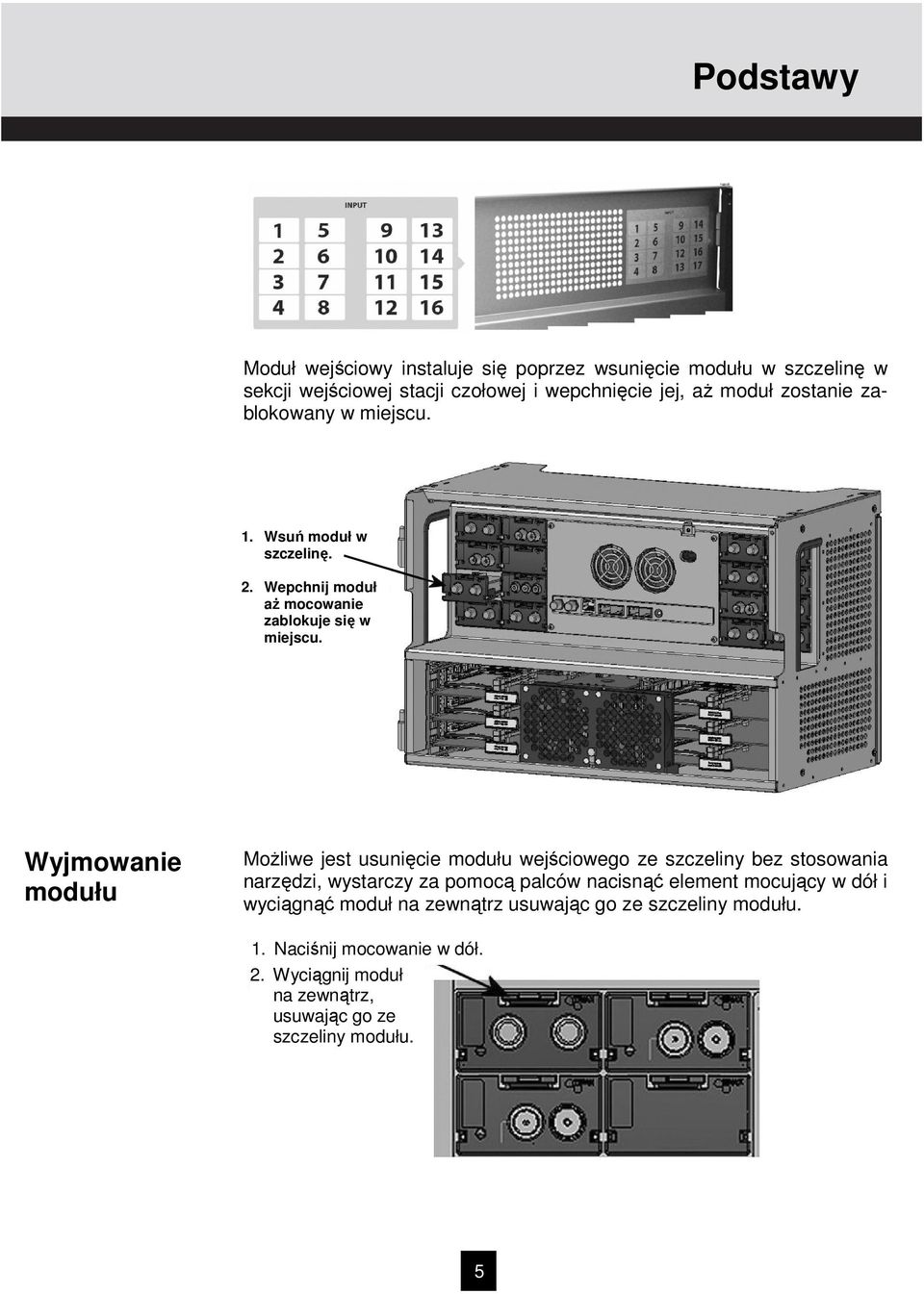 Wyjmowanie modułu MoŜliwe jest usunięcie modułu wejściowego ze szczeliny bez stosowania narzędzi, wystarczy za pomocą palców nacisnąć element
