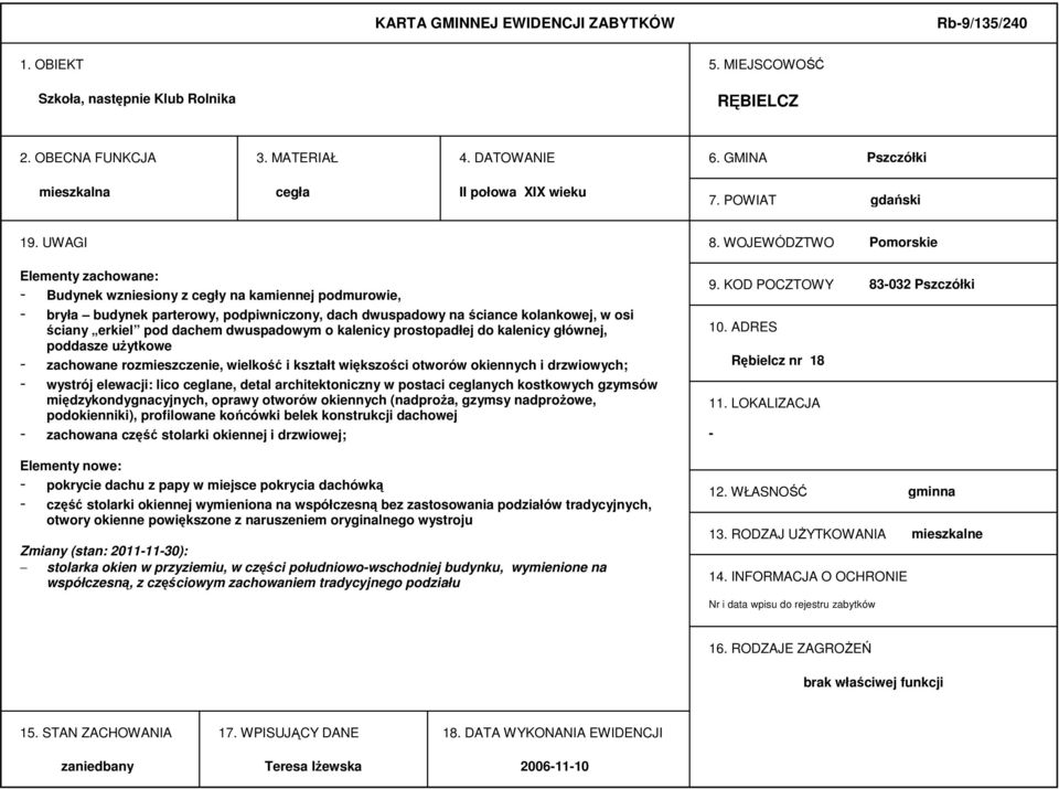 WOJEWÓDZTWO Pomorskie Elementy zachowane: - Budynek wzniesiony z cegły na kamiennej podmurowie, - bryła budynek parterowy, podpiwniczony, dach dwuspadowy na ściance kolankowej, w osi ściany erkiel