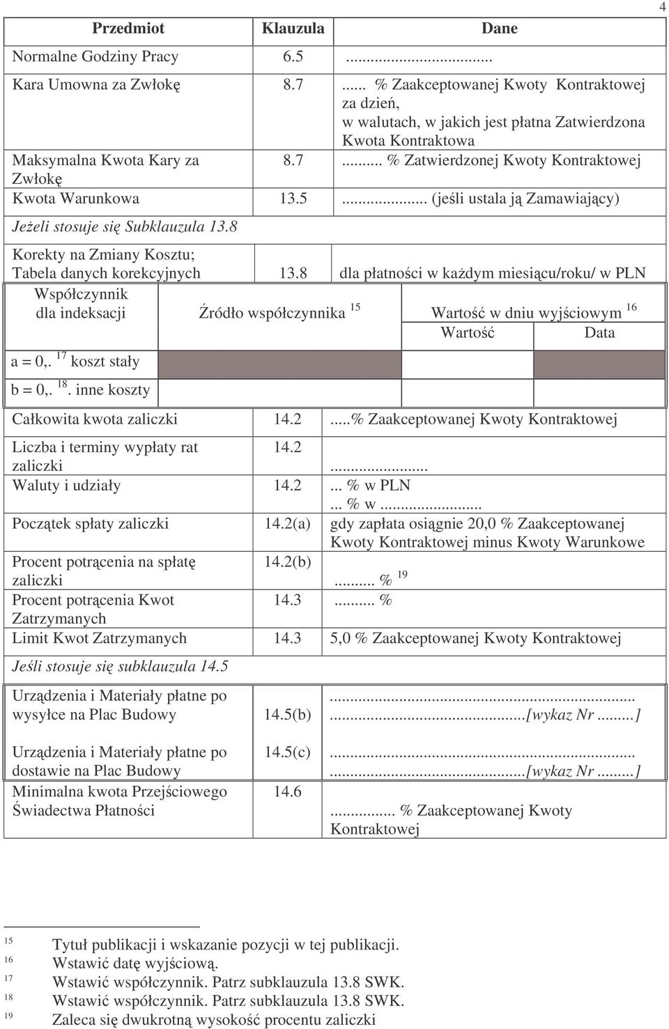 .. % Zatwierdzonej Kwoty Kontraktowej Zwłok Kwota Warunkowa 13.5... (jeli ustala j Zamawiajcy) Jeeli stosuje si Subklauzula 13.8 Korekty na Zmiany Kosztu; Tabela danych korekcyjnych 13.