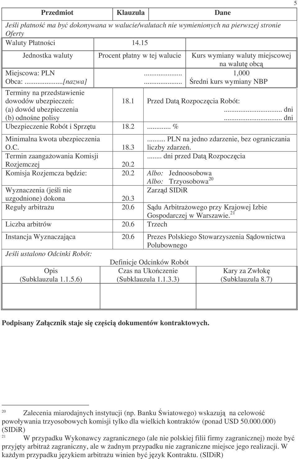 ..... 1,000 redni kurs wymiany NBP Terminy na przedstawienie dowodów ubezpiecze: (a) dowód ubezpieczenia (b) odnone polisy Ubezpieczenie Robót i Sprztu 18.2... % 18.1 Przed Dat Rozpoczcia Robót:... dni.