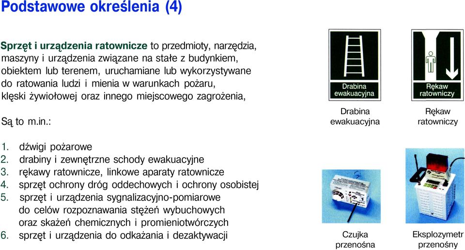 drabiny i zewnętrzne schody ewakuacyjne 3. rękawy ratownicze, linkowe aparaty ratownicze 4. sprzęt ochrony dróg oddechowych i ochrony osobistej 5.