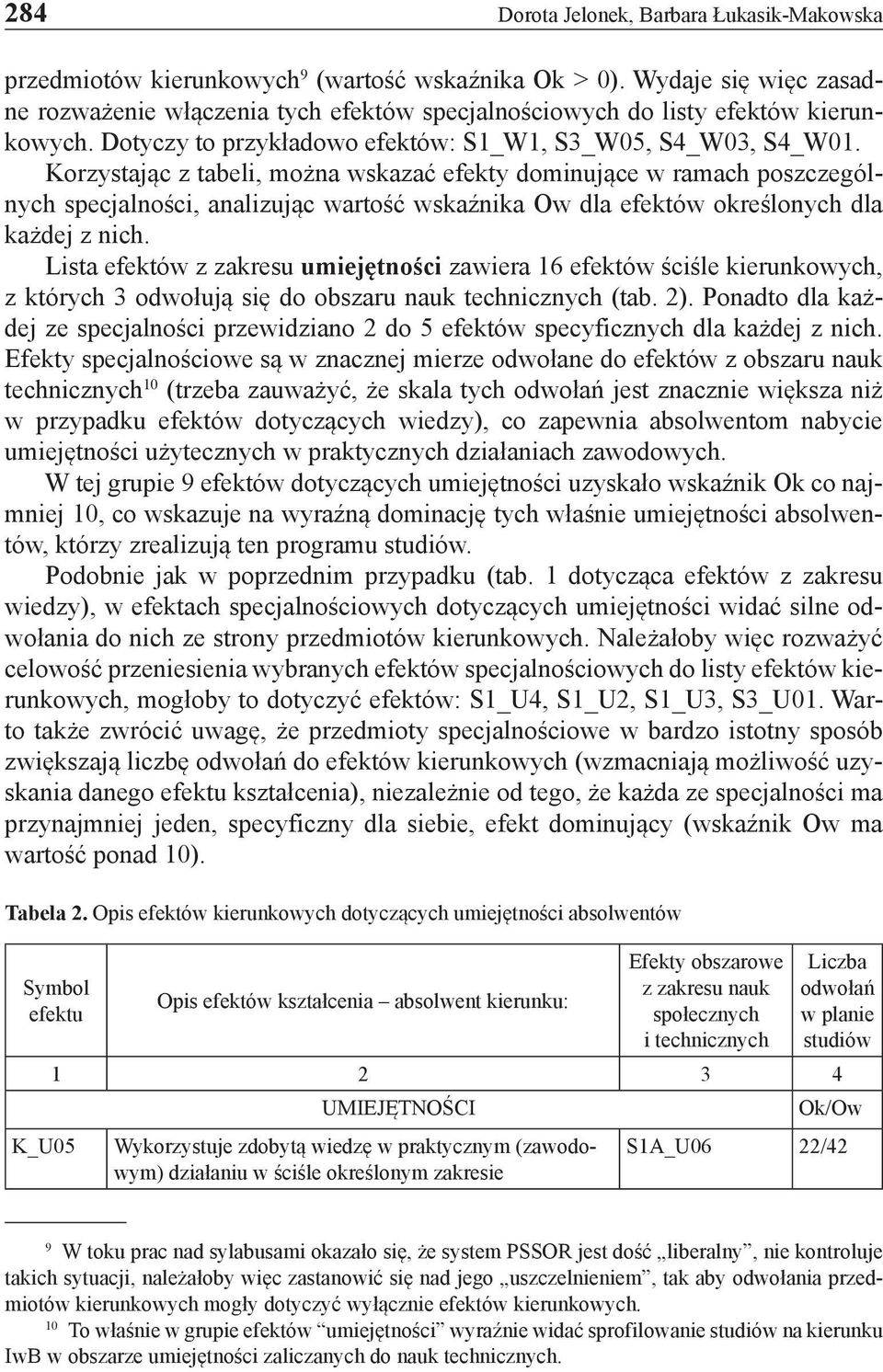 Korzystając z tabeli, można wskazać efekty dominujące w ramach poszczególnych specjalności, analizując wartość wskaźnika Ow dla efektów określonych dla każdej z nich.