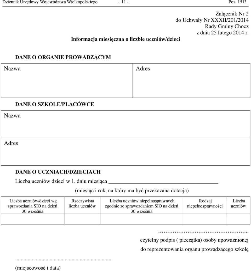 dniu miesiąca (miesiąc i rok, na który ma być przekazana dotacja) Liczba uczniów/dzieci wg sprawozdania SIO na dzień 30 września Rzeczywista liczba uczniów Liczba uczniów