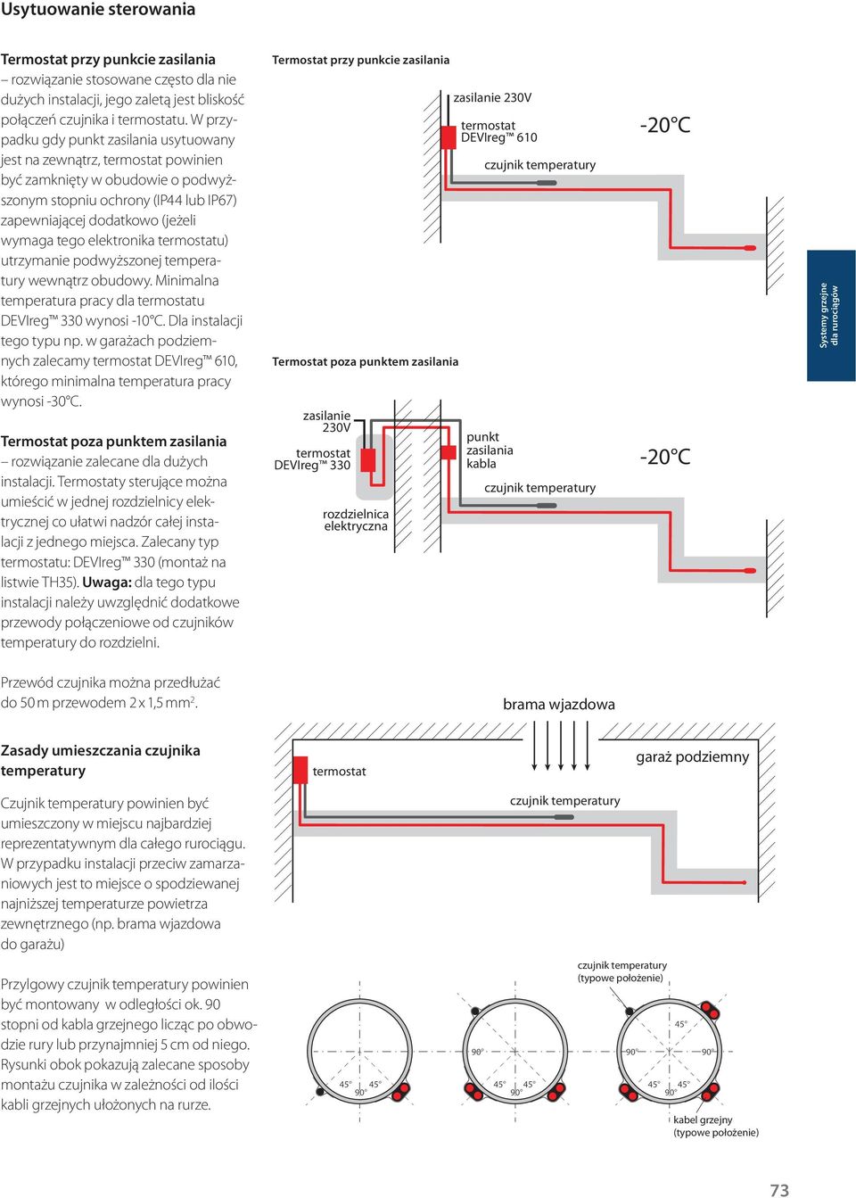 elektronika termostatu) utrzymanie podwyższonej temperatury wewnątrz obudowy. Minimalna temperatura pracy dla termostatu DEVIreg 330 wynosi -10 C. Dla instalacji tego typu np.