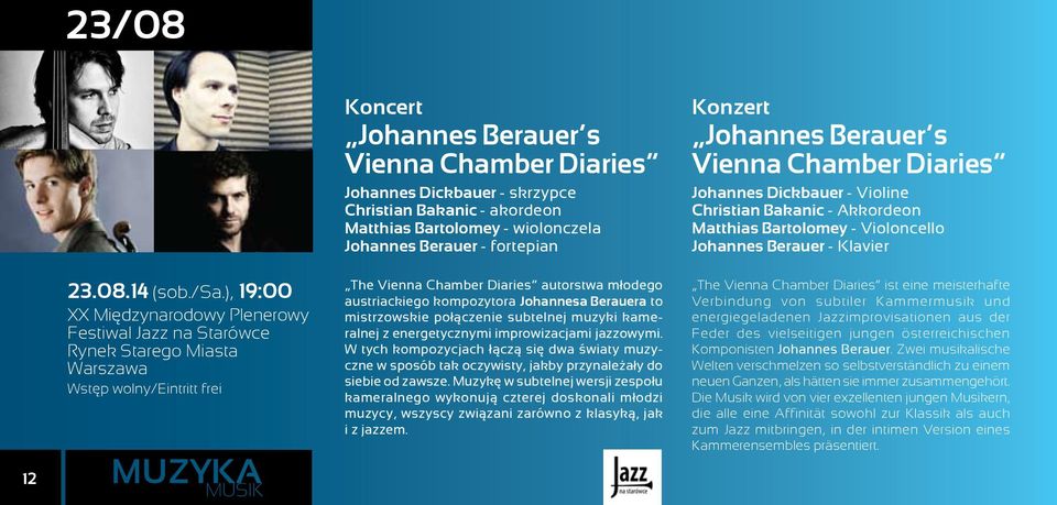 Christian Bakanic - akordeon Matthias Bartolomey - wiolonczela Johannes Berauer - fortepian The Vienna Chamber Diaries autorstwa młodego austriackiego kompozytora Johannesa Berauera to mistrzowskie