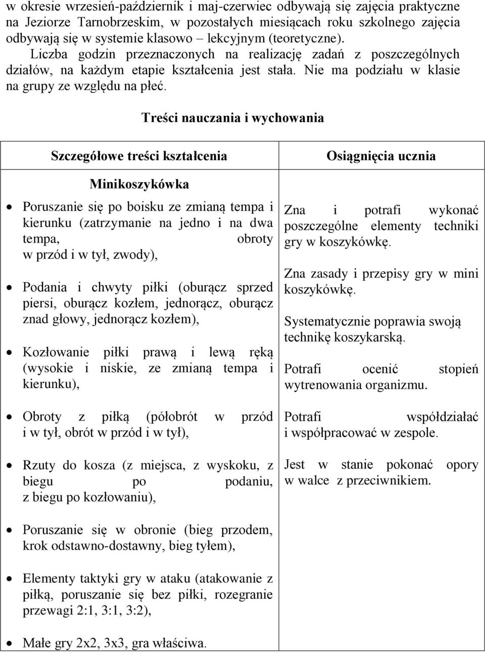 Treści nauczania i wychowania Szczegółowe treści kształcenia Minikoszykówka Poruszanie się po boisku ze zmianą tempa i kierunku (zatrzymanie na jedno i na dwa tempa, obroty w przód i w tył, zwody),