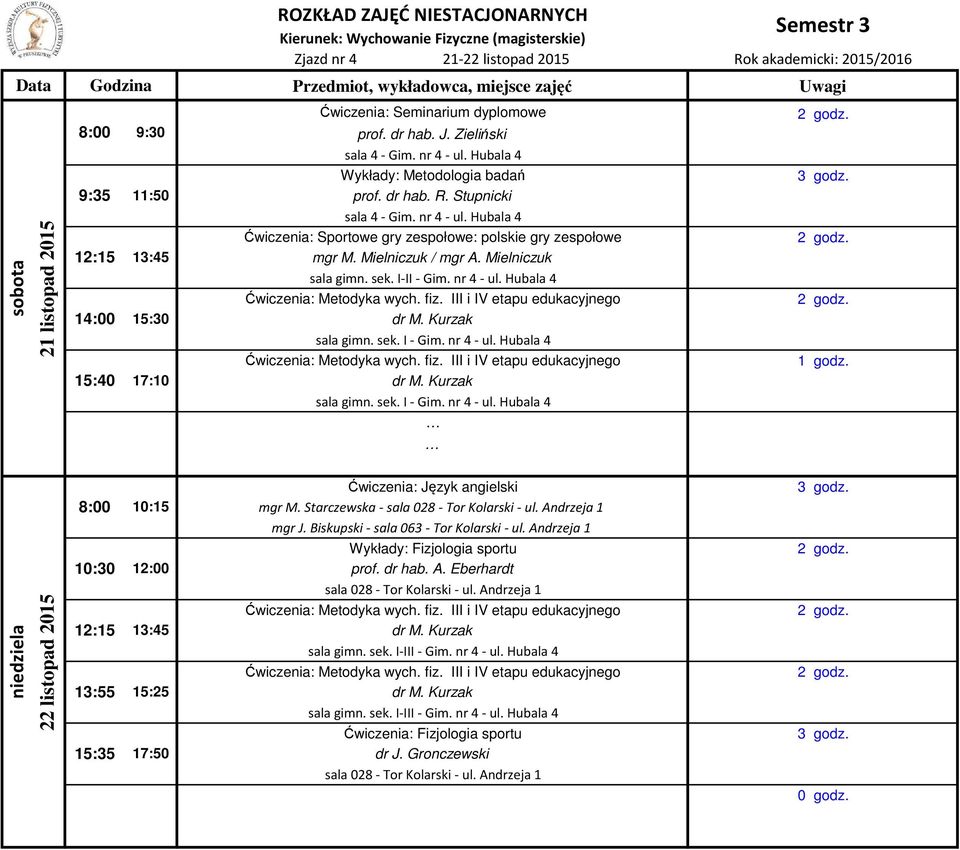 Starczewska - mgr J. Biskupski - sala 063 - Tor Kolarski - ul. Andrzeja 1 Wykłady: Fizjologia sportu prof. dr hab. A. Eberhardt sala gimn. sek. I-III - Gim. nr 4 - ul.