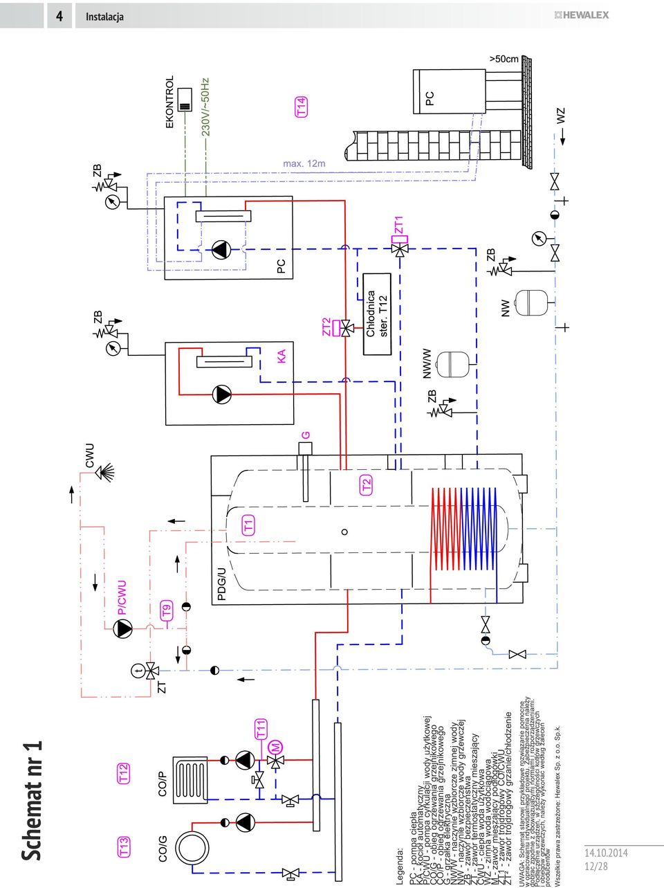 mieszający podłogówki ZT1 - zawór trójdrogowy CO/CWU ZT2 - zawór trójdrogowy grzanie/chłodzenie UWAGA: Schemat stanowi przykładowe rozwiązanie pomocne w opracowaniu indywidualnego projektu.