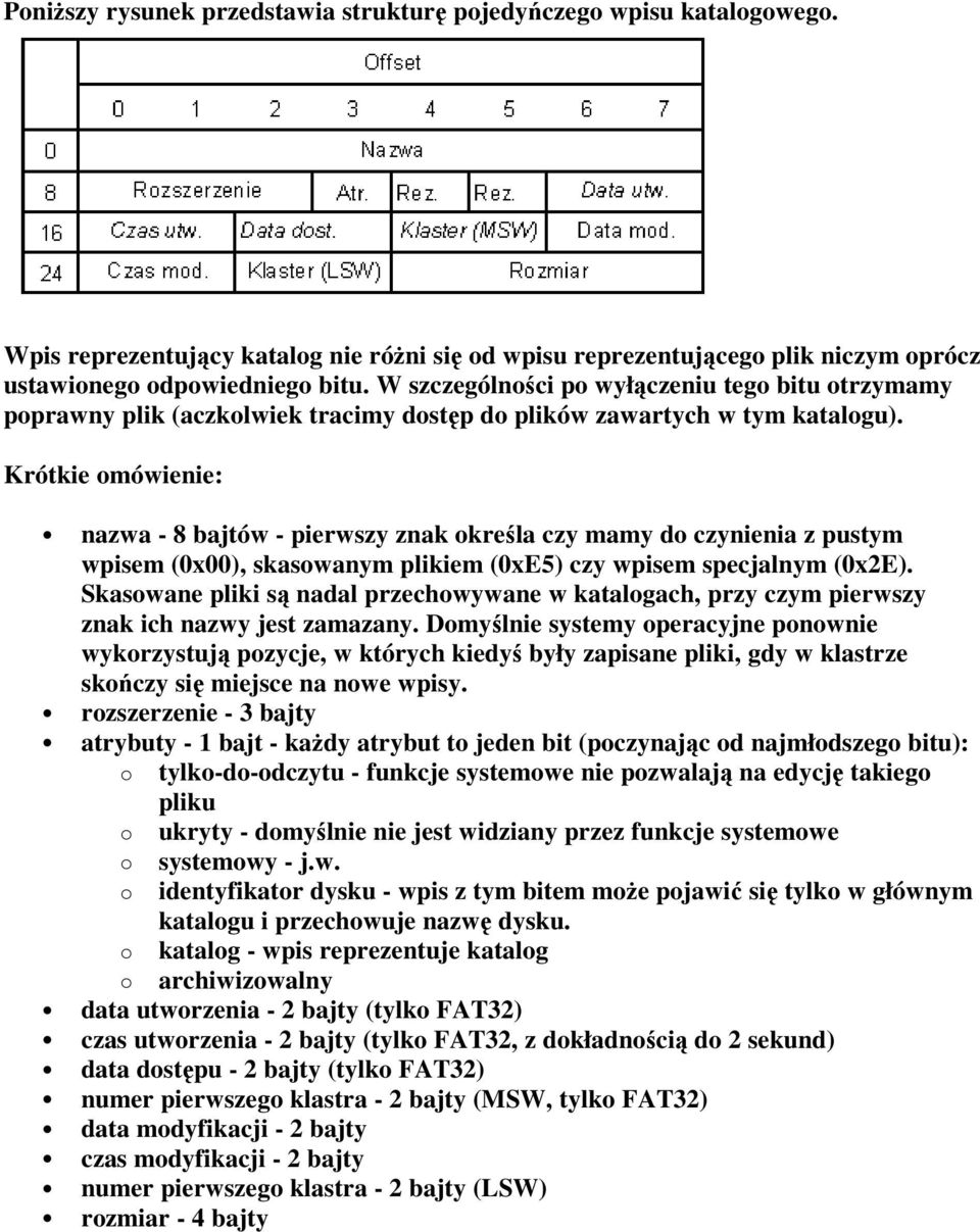 Krótkie omówienie: nazwa - 8 bajtów - pierwszy znak określa czy mamy do czynienia z pustym wpisem (0x00), skasowanym plikiem (0xE5) czy wpisem specjalnym (0x2E).