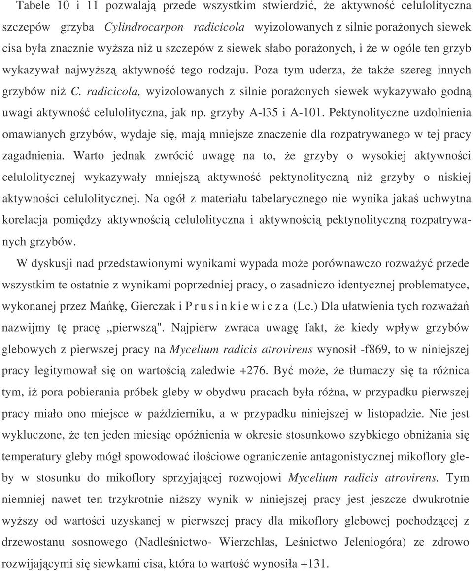 radicicola, wyizolowanych z silnie poraonych siewek wykazywało godn uwagi aktywno celulolityczna, jak np. grzyby A-l35 i A-101.