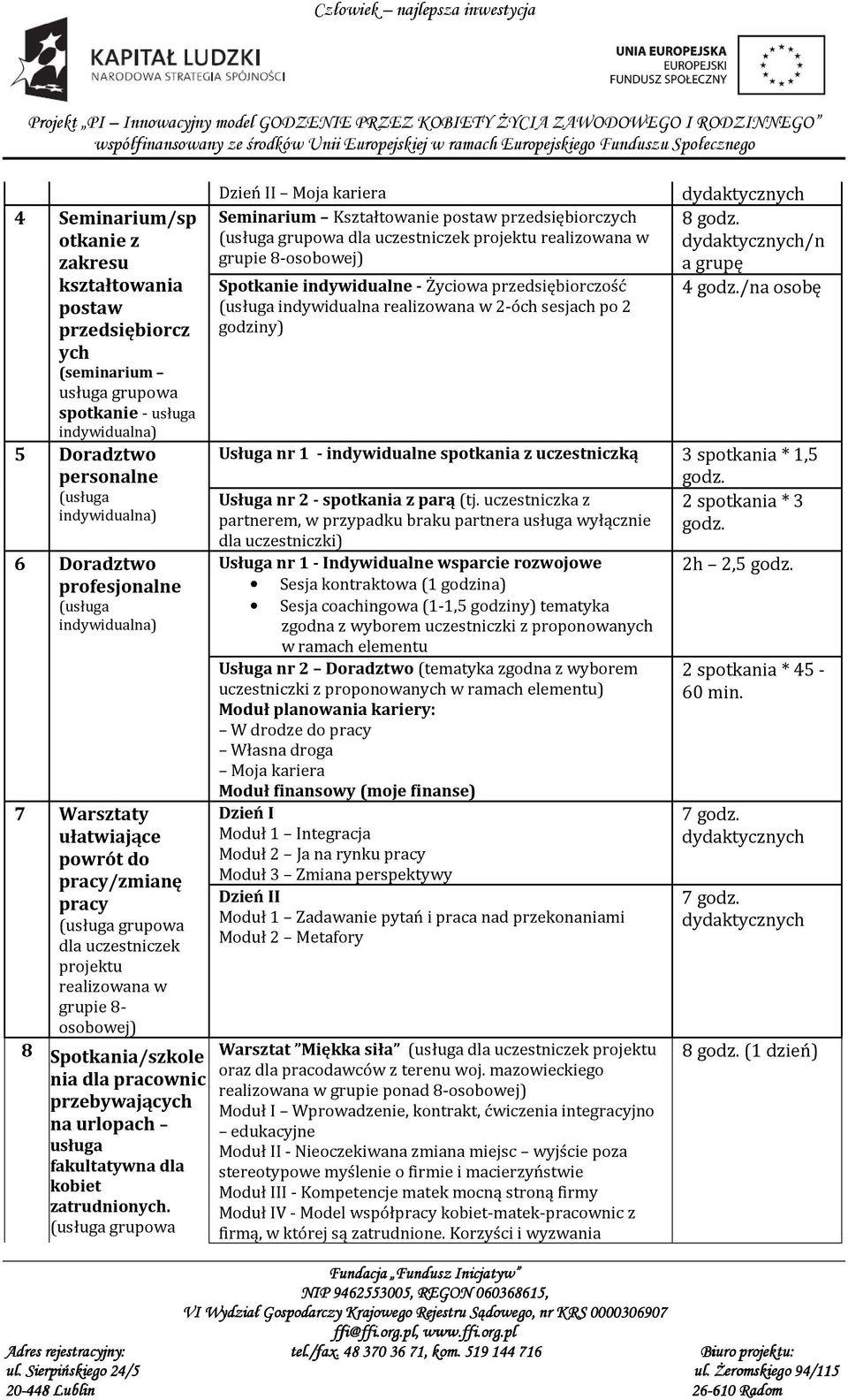 Moja kariera Seminarium Kształtowanie postaw przedsiębiorczych Spotkanie indywidualne - Życiowa przedsiębiorczość (usługa indywidualna 2-óch sesjach po 2 godziny) 8 godz. /n a grupę 4 godz.