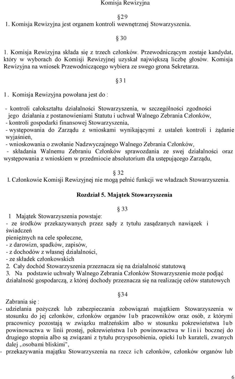 Komisja Rewizyjna powołana jest do : 31 - kontroli całokształtu działalności Stowarzyszenia, w szczególności zgodności jego działania z postanowieniami Statutu i uchwał Walnego Zebrania Członków, -