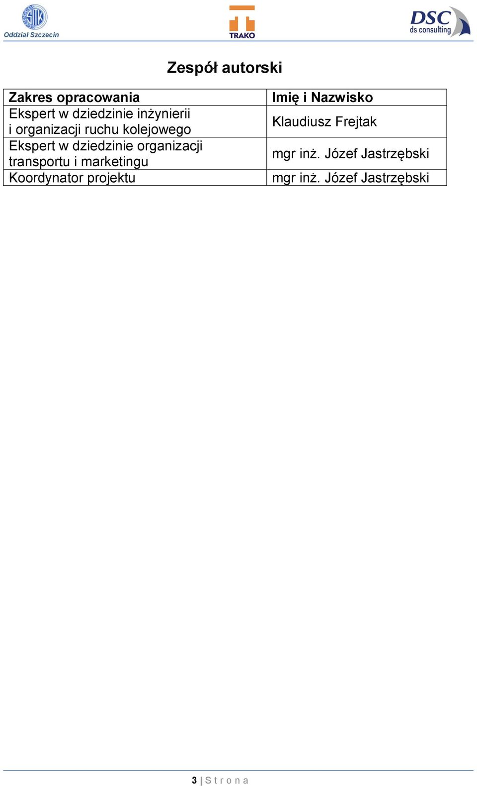 transportu i marketingu Koordynator projektu Imię i Nazwisko