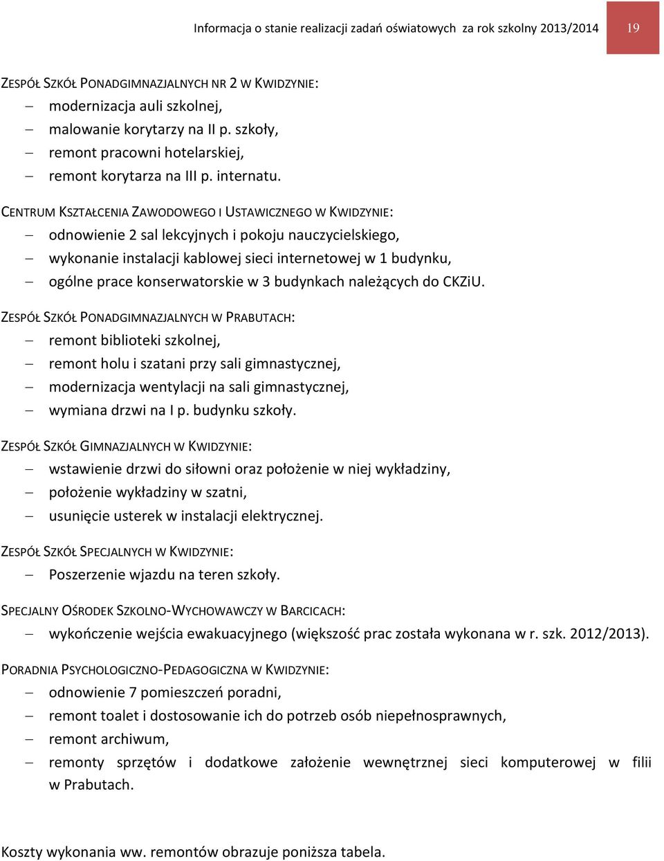 CENTRUM KSZTAŁCENIA ZAWODOWEGO I USTAWICZNEGO W KWIDZYNIE: odnowienie 2 sal lekcyjnych i pokoju nauczycielskiego, wykonanie instalacji kablowej sieci internetowej w 1 budynku, ogólne prace