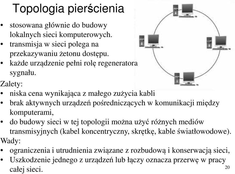 Zalety: niska cena wynikająca z małego zużycia kabli brak aktywnych urządzeń pośredniczących w komunikacji między komputerami, do budowy sieci w tej