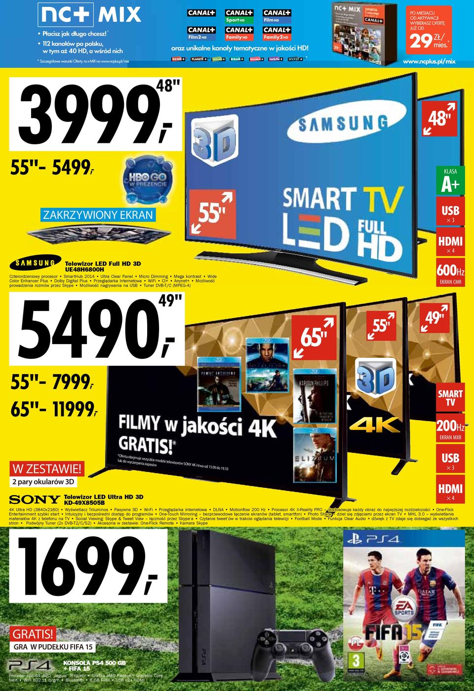 SMART TV 200Hz MXR 2 pary okularów 3D Telewizor LED Ultra HD 3D KD-49X8505B 1699, *Oferta obejmuje wszystkie modele telewizorów SONY 4K i trwa od 15.09 do 19.