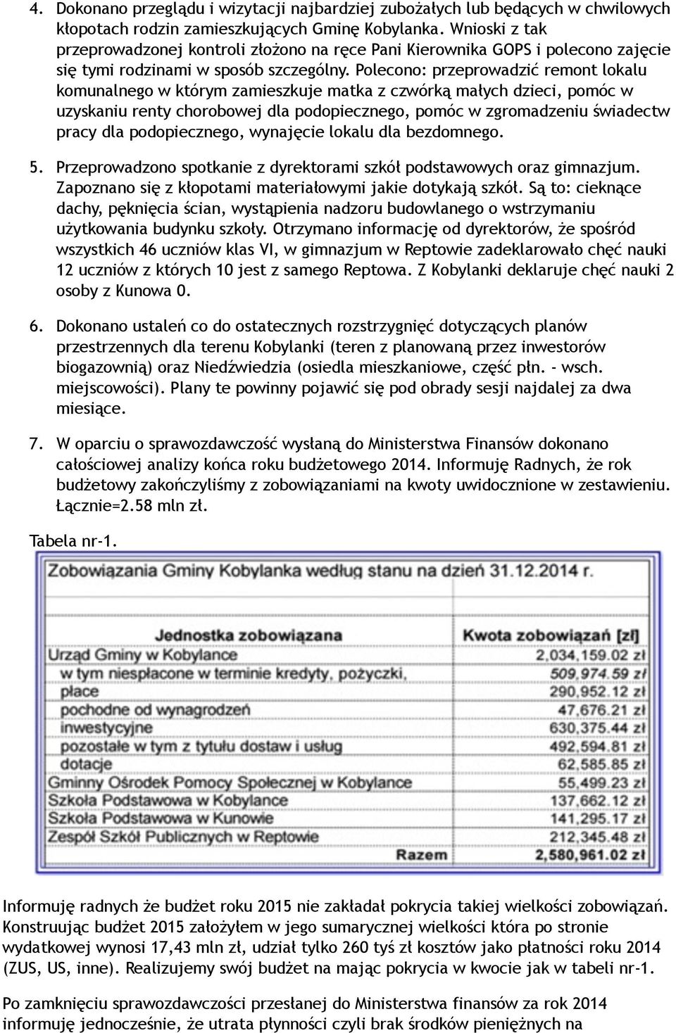 Polecono: przeprowadzić remont lokalu komunalnego w którym zamieszkuje matka z czwórką małych dzieci, pomóc w uzyskaniu renty chorobowej dla podopiecznego, pomóc w zgromadzeniu świadectw pracy dla