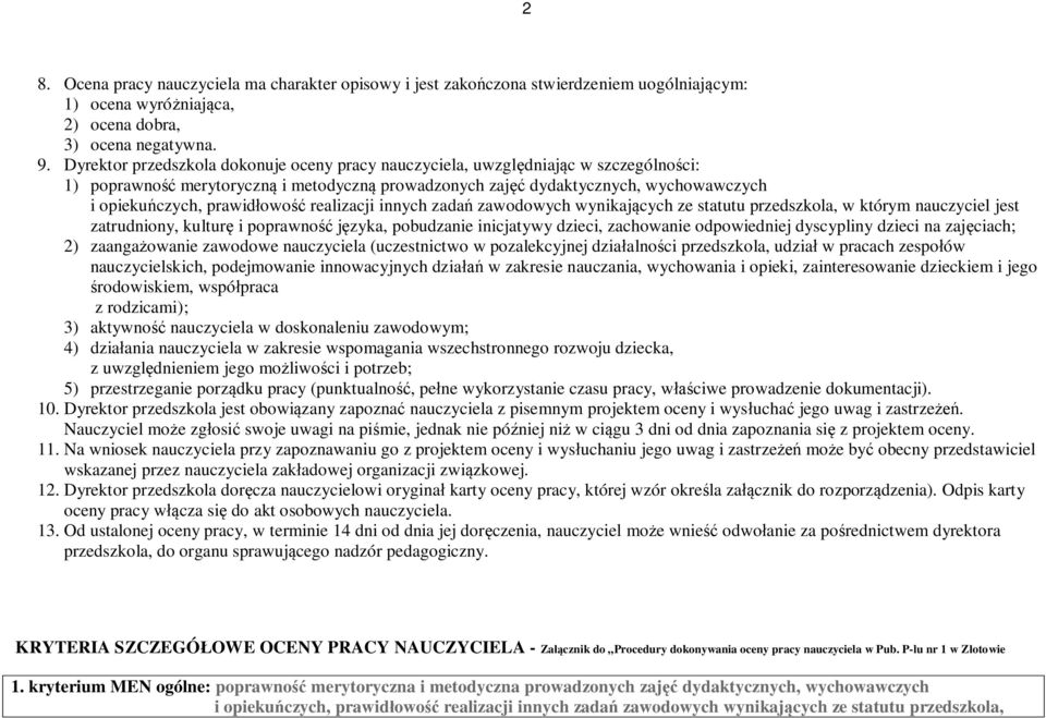 prawidłowość realizacji innych zadań zawodowych wynikających ze statutu przedszkola, w którym nauczyciel jest zatrudniony, kulturę i poprawność języka, pobudzanie inicjatywy dzieci, zachowanie