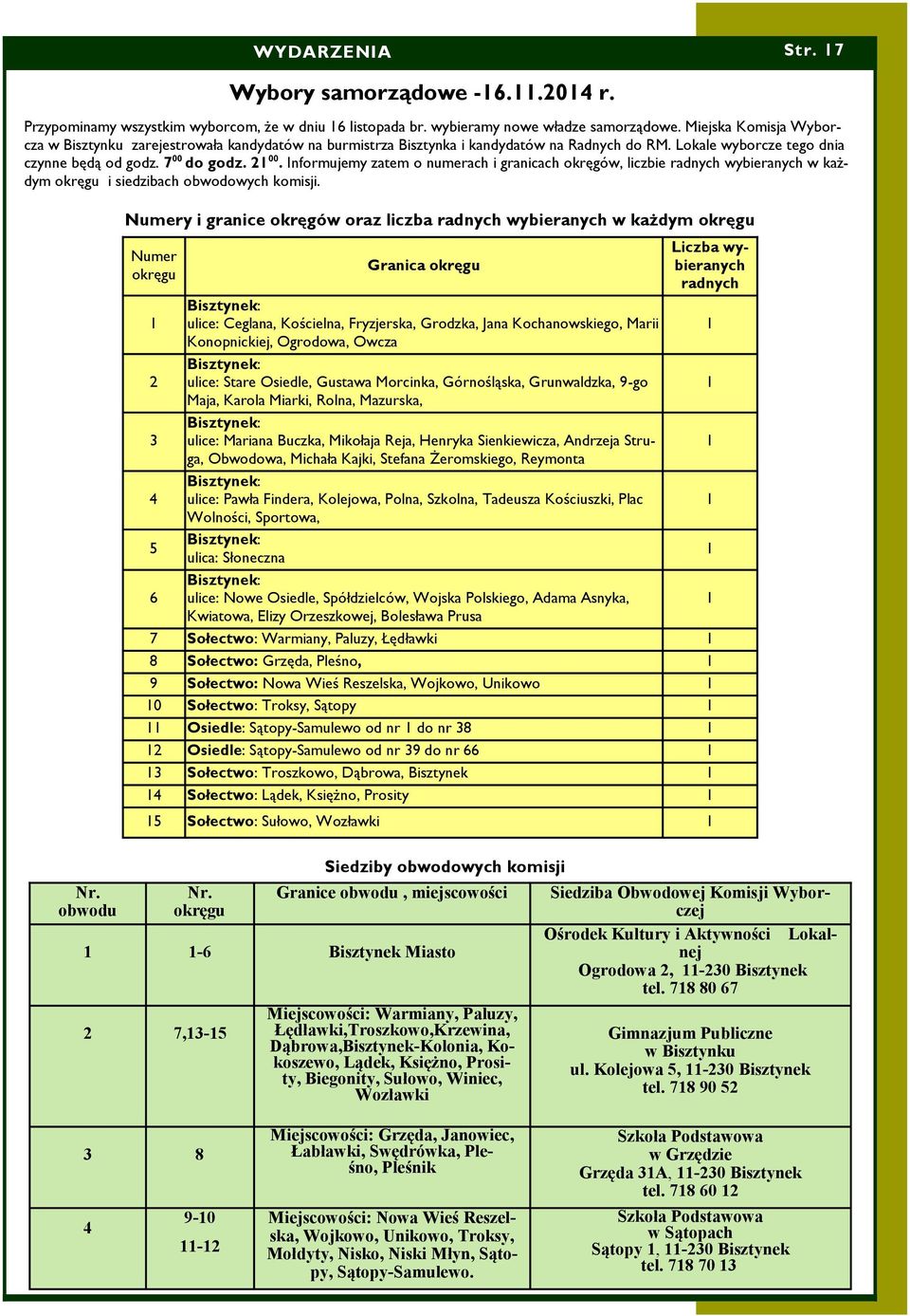 Informujemy zatem o numerach i granicach okręgów, liczbie radnych wybieranych w każdym okręgu i siedzibach obwodowych komisji. Nr.