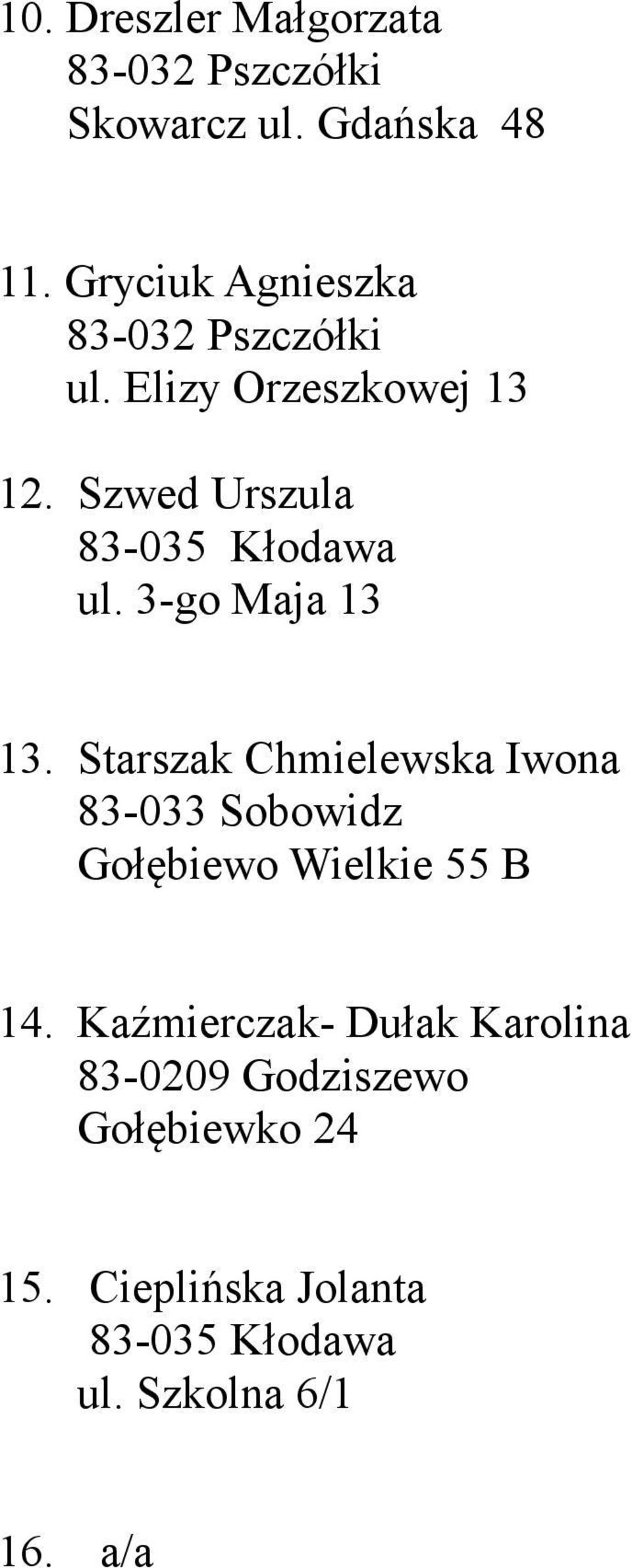 3-go Maja 13 13. Starszak Chmielewska Iwona Gołębiewo Wielkie 55 B 14.
