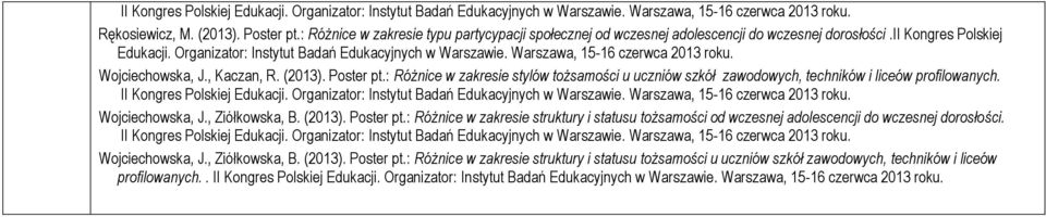 : Różnice w zakresie stylów tożsamości u uczniów szkół zawodowych, techników i liceów profilowanych. Wojciechowska, J., Ziółkowska, B. (2013). Poster pt.