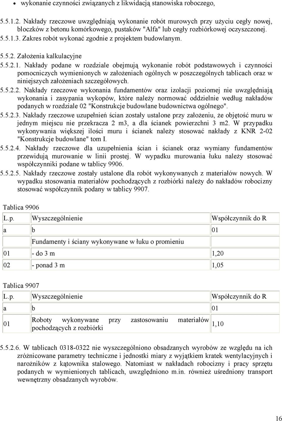 Zakres robót wykonać zgodnie z projektem budowlanym. 5.5.2. Założenia kalkulacyjne 5.5.2.1.