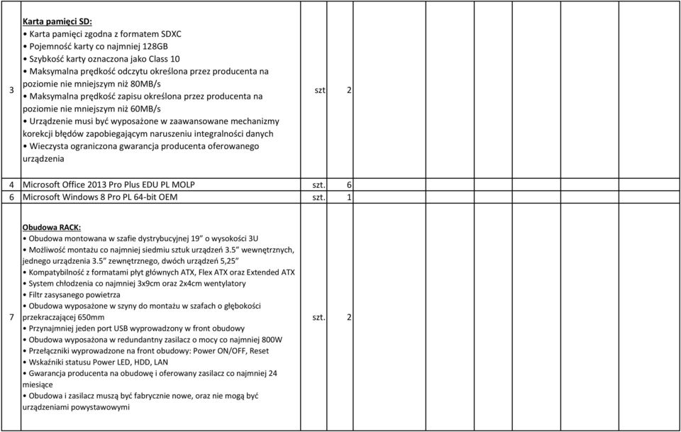 naruszeniu integralności danych Wieczysta ograniczona gwarancja producenta oferowanego urządzenia 2 4 Microsoft Office 203 Pro Plus EDU PL MOLP 6 6 Microsoft Windows 8 Pro PL 64-bit OEM 7 Obudowa