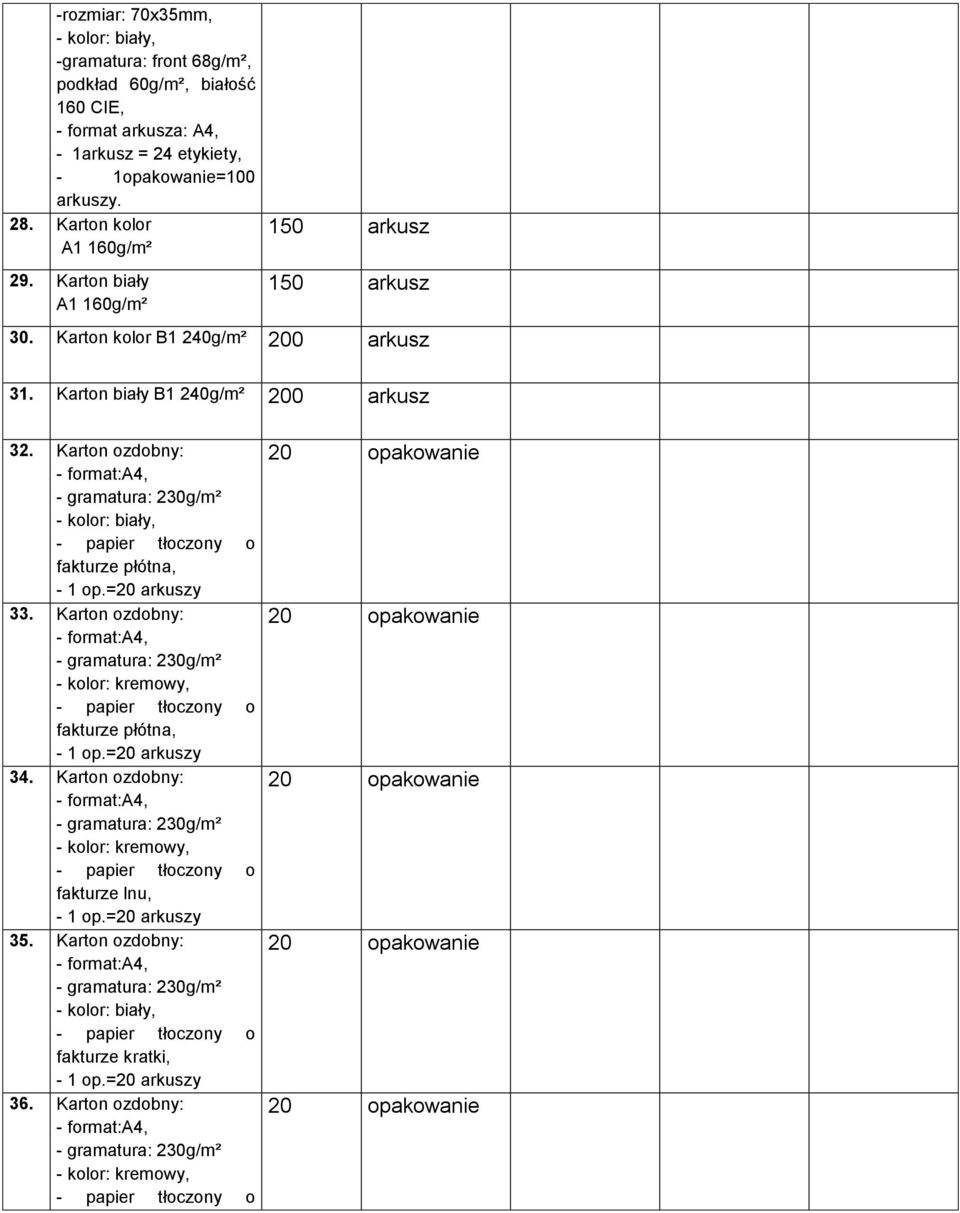 Karton ozdobny: - format:a4, - gramatura: 230g/m² - kolor: kremowy, - papier tłoczony o fakturze płótna, - 1 op.=20 arkuszy 34.