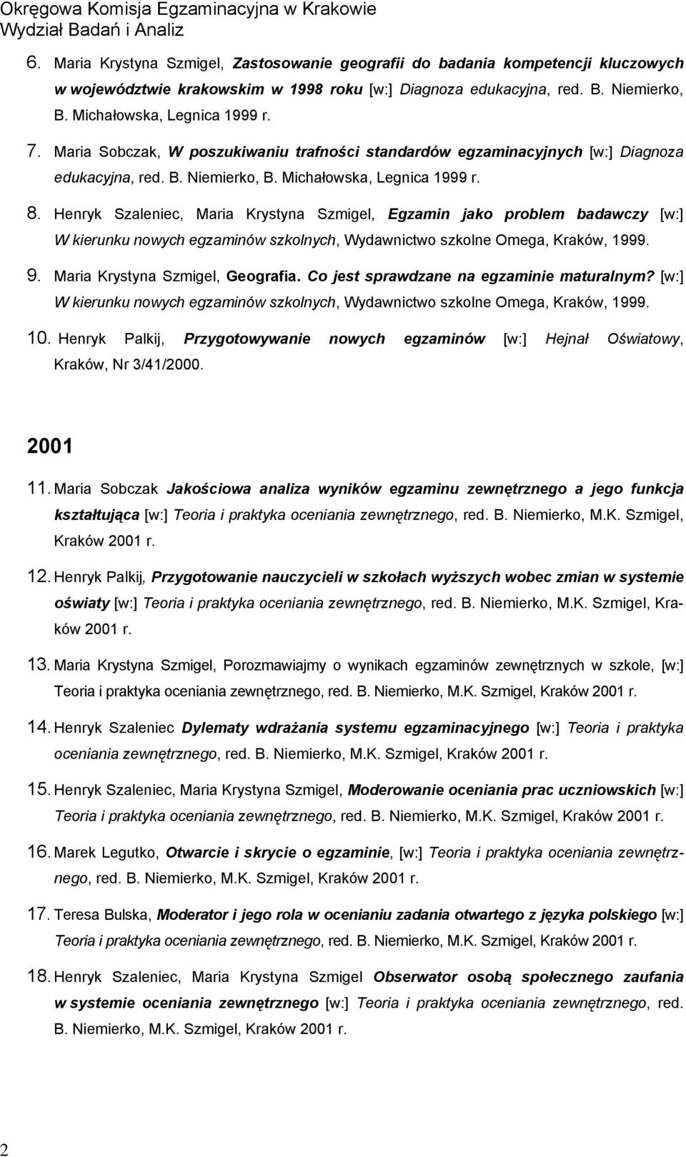 Henryk Szaleniec, Maria Krystyna Szmigel, Egzamin jako problem badawczy [w:] W kierunku nowych egzaminów szkolnych, Wydawnictwo szkolne Omega, Kraków, 1999. 9. Maria Krystyna Szmigel, Geografia.