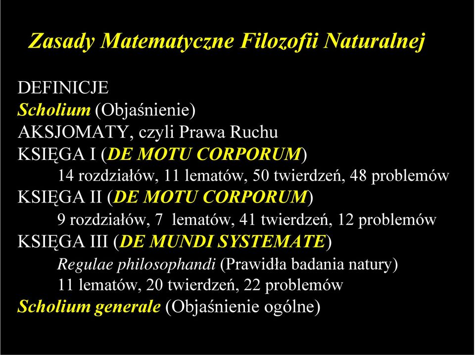 CORPORUM) 9 rozdziałów, 7 lematów, 41 twierdzeń, 12 problemów KSIĘGA III (DE MUNDI SYSTEMATE) Regulae