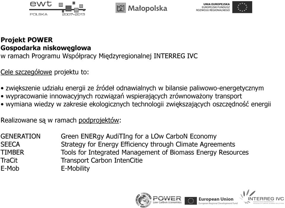 ekologicznych technologii zwiększających oszczędność energii Realizowane są w ramach podprojektów: GENERATION SEECA TIMBER TraCit E-Mob Green ENERgy AudiTIng for