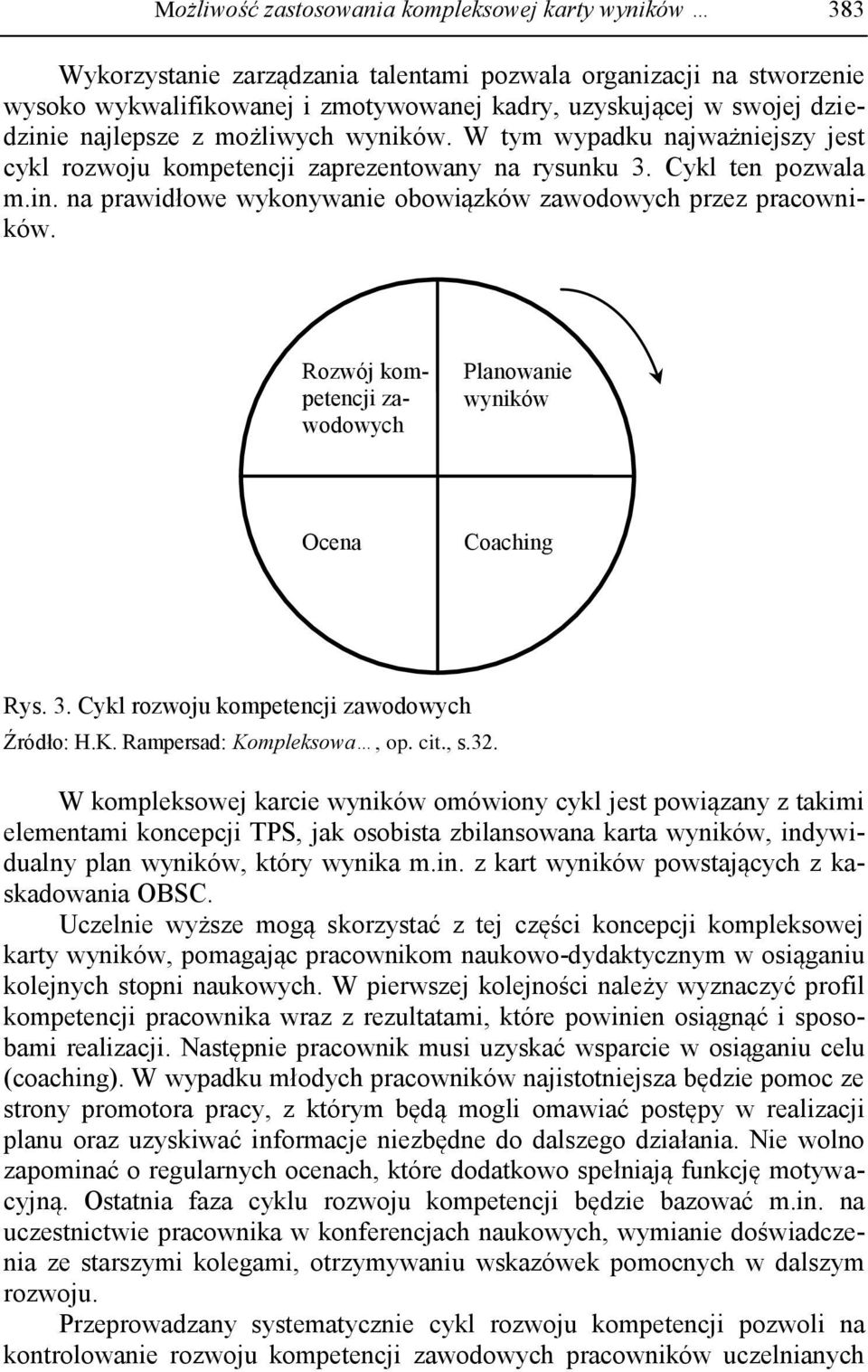 Rozwój kompetencji zawodowych Planowanie wyników Ocena Coaching Rys. 3. Cykl rozwoju kompetencji zawodowych Źródło: H.K. Rampersad: Kompleksowa, op. cit., s.32.