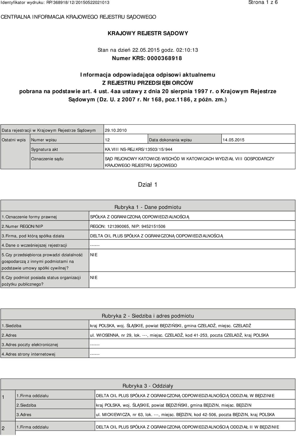 o Krajowym Rejestrze Sądowym (Dz. U. z 2007 r. Nr 168, poz.1186, z późn. zm.) Data rejestracji w Krajowym Rejestrze Sądowym 29.10.2010 Ostatni wpis Numer wpisu 12 Data dokonania wpisu 14.05.