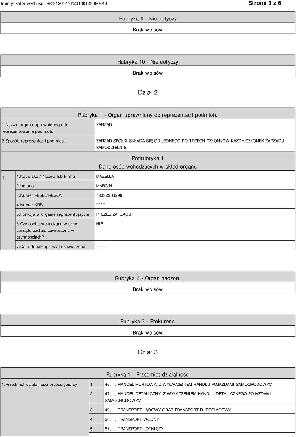 Nazwisko / Nazwa lub Firma MAZELLA Podrubryka 1 Dane osób wchodzących w skład organu 2.Imiona MARCIN 3.Numer PESEL/REGON 78032203298 4.Numer KRS **** 5.Funkcja w organie reprezentującym 6.