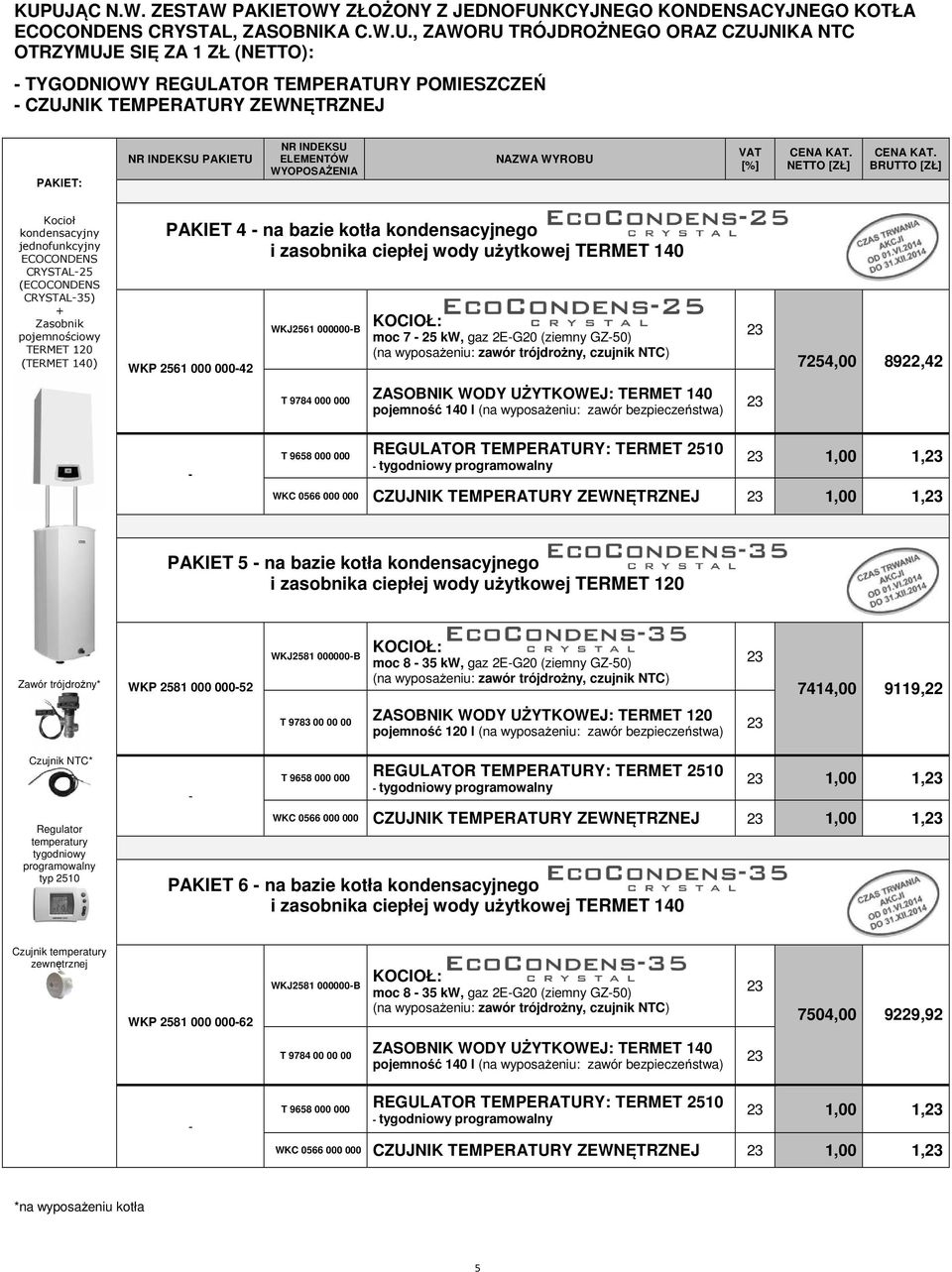 CRYSTAL-35) + Zasobnik pojemnościowy TERMET 120 (TERMET 140) PAKIET 4 - na bazie kotła kondensacyjnego i zasobnika ciepłej wody użytkowej TERMET 140 WKP 2561 000 000-42 WKJ2561 000000-B KOCIOŁ: moc