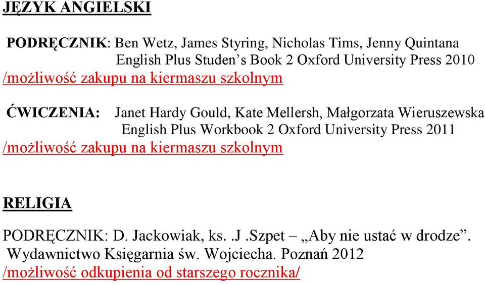 Małgorzata Wieruszewska English Plus Workbook 2 Oxford University Press 2011 RELIGIA