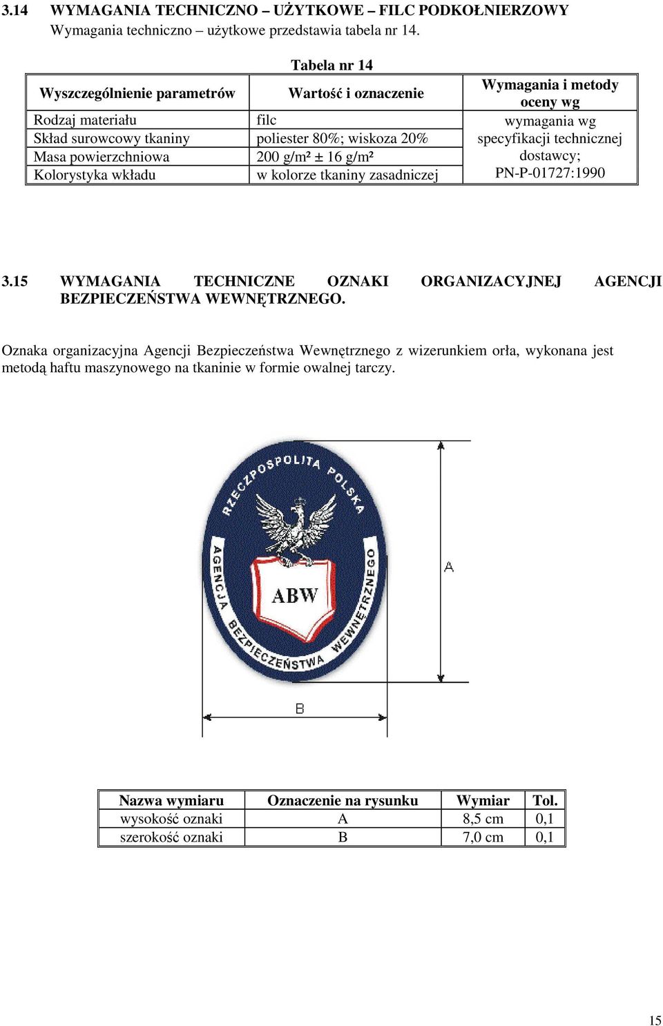 w kolorze tkaniny zasadniczej Wymagania i metody oceny wg wymagania wg specyfikacji technicznej dostawcy; PN-P-01727:1990 3.