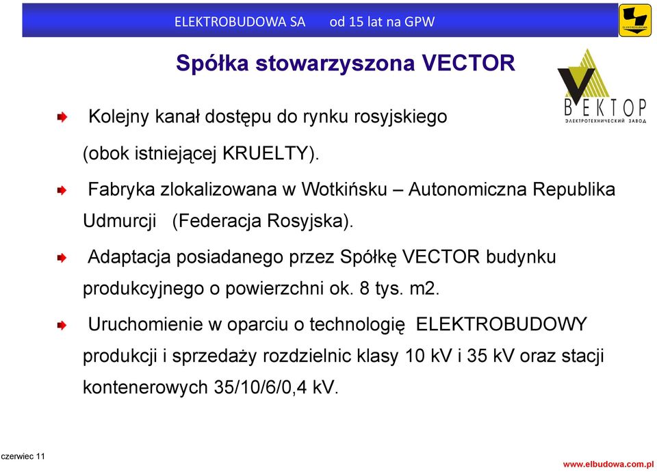 Adaptacja posiadanego przez Spółkę VECTOR budynku produkcyjnego o powierzchni ok. 8 tys. m2.