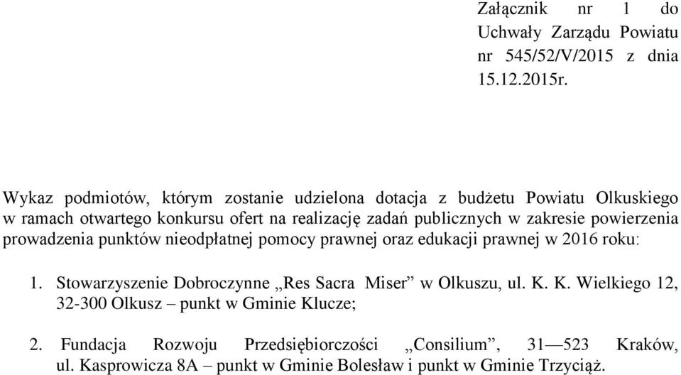 w zakresie powierzenia prowadzenia punktów nieodpłatnej pomocy prawnej oraz edukacji prawnej w 2016 roku: 1.